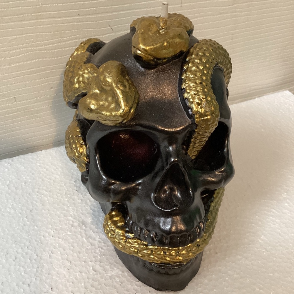 Bleeding Candle Skull, Black with Gold Snake, 4.3” Bleeds Red AT HOME Halloween